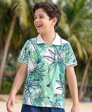 Pine Kids Cotton Knit Half Sleeves Polo T-Shirt With Tropical Print - Light Green & White