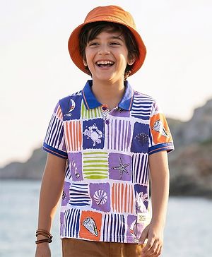 Pine Kids Cotton Knit Half Sleeves Polo T-Shirt With Sea Life Print - White & Blue