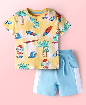 Babyhug Single Jersey Knit Half Sleeves T-Shirt & Shorts Set With Beach Theme Print - Yellow & Blue