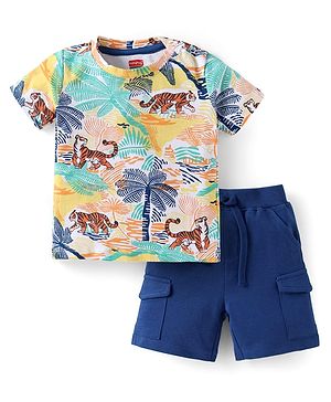 Babyhug Single Jersey Knit Half Sleeves T-Shirt & Shorts Set With Tiger Print - Blue