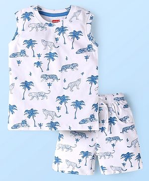 Babyhug Single Jersey Knit Sleeveless Tank T-Shirt & Shorts Set with Jungle Theme Print - White