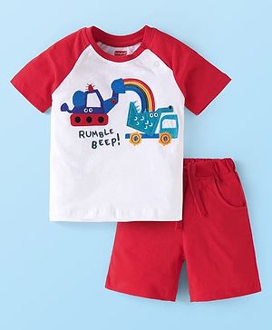 Babyhug Single Jersey Knit Half Raglan Sleeves T-Shirt & Shorts Set With Vehicle & Rainbow Embroidery - White & Red