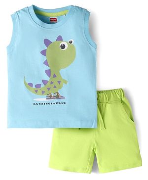 Babyhug Single Jersey Knit Sleeveless T-Shirt and Short Set with Dino Print- Light Blue & Green