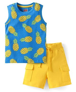 Babyhug Single Jersey Knit Sleeveless T-Shirt and Short Set with Tropical Print- Blue & Yellow