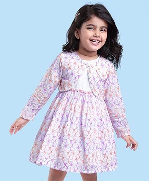 Babyhug Cotton Woven Frock & Full Sleeves Shrug With Floral Print - White