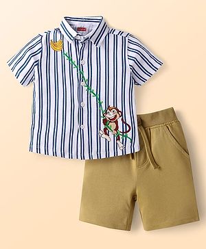 Babyhug Single Jersey Knit Half Sleeves Shirt & Shorts Set with Stripes & Monkey Print - Blue