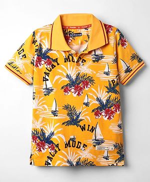 Pine Kids Cotton Knit Half Sleeves Polo T-Shirt With Beach Print - Yellow