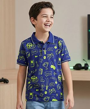 Pine Kids Cotton Knit Half Sleeves Printed Polo T-Shirt - Navy Blue