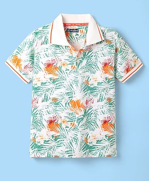 Pine Kids Cotton Knit Half Sleeves Polo T-Shirt With Tropical Print - White