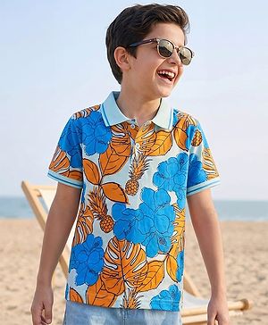 Pine Kids Cotton Knit Half Sleeves Polo T-Shirt with Floral Print - Blue & White