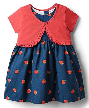 Babyhug Cotton Woven Half Sleeves Shrug & Frock with Fruit Print & Frill Detailing - Navy Blue & Red