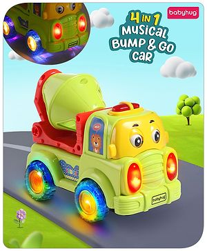 Babyhug 4 in 1 Musical Bump & Go Construction Series Cement Mixer Truck - Green| |BIS Aprroved| Moving Eye | Shape & Color Recognition| Light & Music| Spatial Awareness| Cause & Effect - Yellow