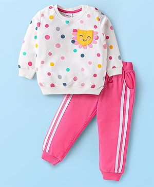 Babyhug Cotton Knit Full Sleeves Polka Dots T-Shirt with Flower Applique & Joggers Set - Pink & White