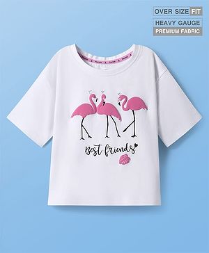 Pine Kids Cotton Knit Half Sleeves Oversized T-Shirt with Flamingo Puff Print - White