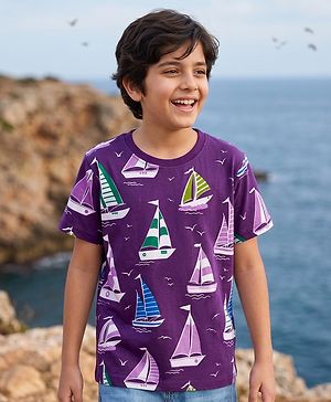 Pine Kids Cotton Knit T-Shirt With Boat Theme Print - Purple