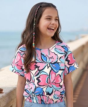 Pine Kids Cotton Knit Half Sleeves T-Shirt with Floral Print - Pink