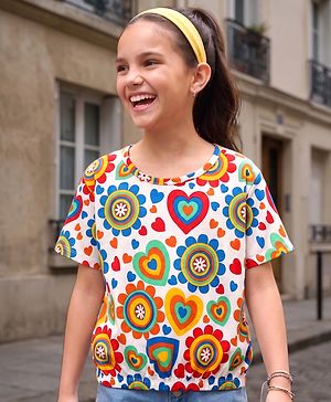 Pine Kids Cotton Knit Half Sleeves T-Shirt with Floral & Hearts Print - White