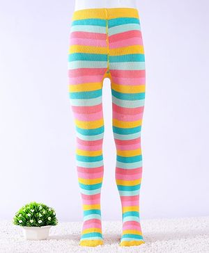 Cute Walk by Babyhug Knit Antibacterial Striped Footed Tights - Pink Blue & Yellow