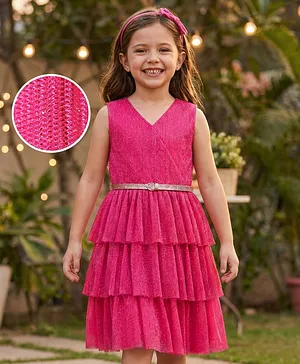 Hola Bonita Mesh Knit Sleeveless
                              Pleated Glittered Front Overlapping Party
                              Dress with Ruffle - Fuchsia