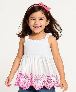 Babyhug Woven Sleeveless Top With Floral Embroidery - White