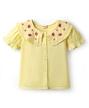 Babyhug Woven Half Sleeves Top With Fruit and Floral Embroidery - Yellow
