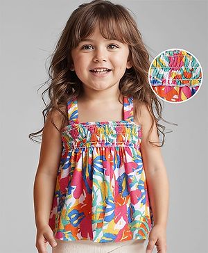 Babyhug Sleeveless Top with Tropical Print & Smock Detailing- Red & White