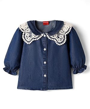 Babyhug Rayon Woven Full Sleeves Peter Pan Collared Front Open Top with Lace Detailing - Navy Blue