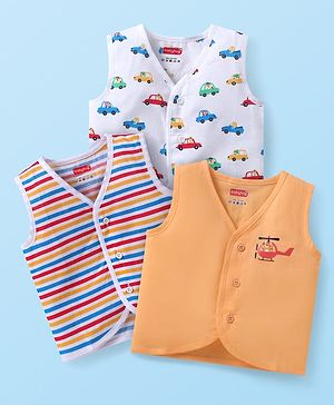 Babyhug 100% Cotton Woven Sleeveless Jhablas with Stripes & Car Print Pack of 3 - White & Orange