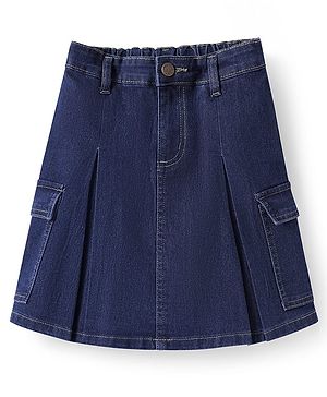 Pine Kids Knee Length Washed Denim Skirt with Pocket Detailing - Navy Blue
