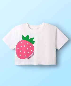 Babyhug Cotton Knit Half Sleeves T-Shirt with Strawberry Print - White