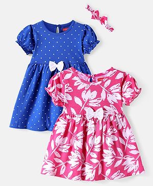 Babyhug Cotton Knit Half Puffed Sleeves Polka Dots & Floral Printed Frock with Headband & Bow Applique Pack of 2 - Blue & Pink