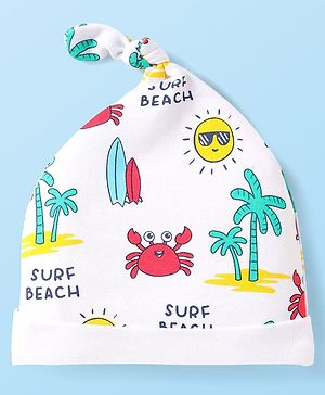 Babyhug Interlock Knit Beach Theme Printed Cap White - Diameter 10.5 cm