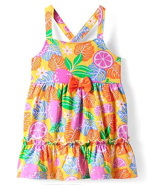 Babyhug Cotton Knit Singlet Sleeves Frock with Tropical Theme Print - Yellow