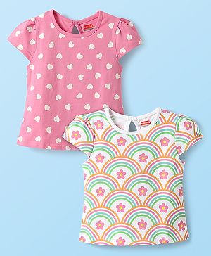 Babyhug Cotton Knit Half Sleeves T-Shirts with Heart & Floral Print Pack of 2 - Pink & White