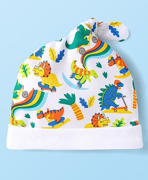 Babyhug 100% Cotton Interlock Knit Cap With Dino Print  White - Diameter 10