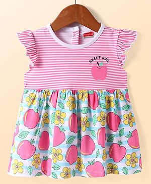 Babyhug Cotton Knit Frill Sleeves Frock With Floral & Apple Print - Pink