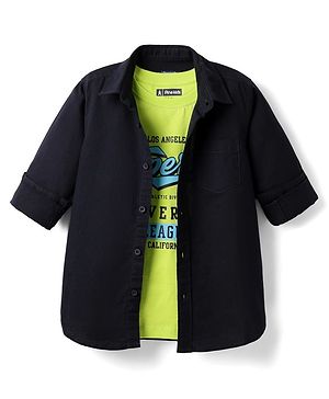 Pine Kids Cotton Woven Full Sleeves Shirt With Printed T-Shirt - Navy Blue & Green