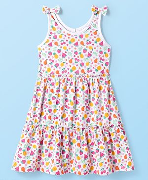 Babyhug Cotton Knit Sleeveless Frock with Heart Print and Bow Detailing - White & Pink