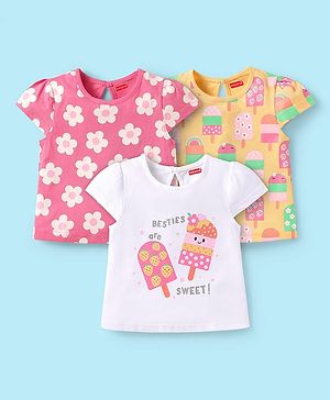 Babyhug Cotton Knit Cap Sleeves T-Shirts with Floral & Popsicle Glitter Print Pack of 3 - Pink White & Yellow