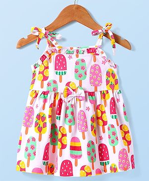 Babyhug Cotton Knit Singlet Sleeves Frock With Ice Cream Print - White