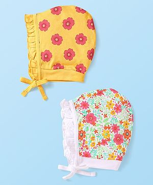 Babyhug 100% Cotton Knit Tie Knot Caps with Floral Print Yellow & White Pack of 2 - Diameter 10.5 cm