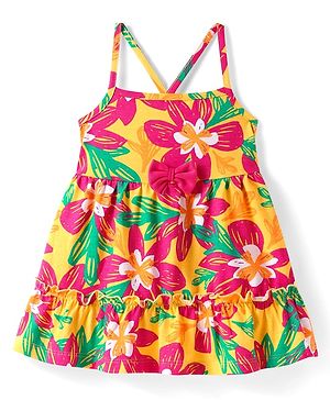 Babyhug Cotton Knit Singlet Sleeves Frock with Floral Print - Yellow