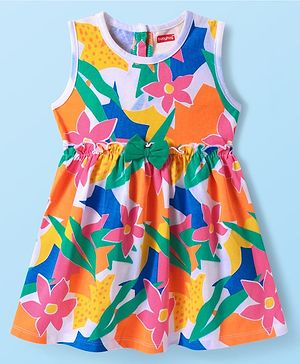 Babyhug Cotton Knit Sleeveless Frock with Floral Print & Bow Applique - White