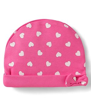 Babyhug 100% Cotton Knit Cap With Heart Print & Bow Applique - Pink