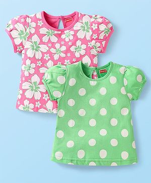 Babyhug Cotton Knit Puffed Sleeves T-Shirt with Floral Print Pack Of 2 -  Pink & Light Green