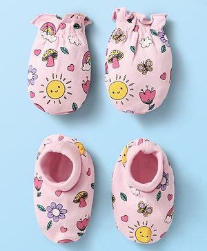 Babyhug 100% Cotton Interlock Knit Mittens & Booties With Floral Print - Pink