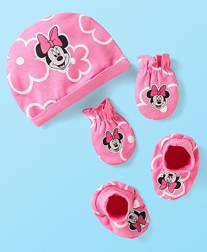 Babyhug Disney Interlock Knit Caps Mitten & Booties Set with Minnie Mouse Graphics Pink - Diameter 10 cm