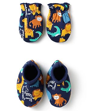 Babyhug 100% Cotton Mittens & Booties Set With Animal Print - Navy Blue