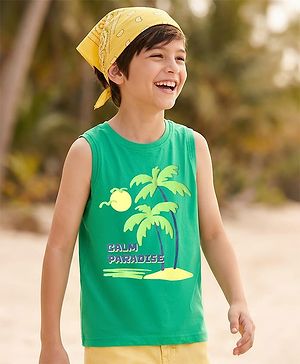 Pine Kids Cotton Knit Sleeveless Tank T-Shirt with Beach Theme Print - Mint