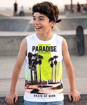 Pine Kids Cotton Knit Sleeveless Tank T-Shirt with Beach Theme Print - White